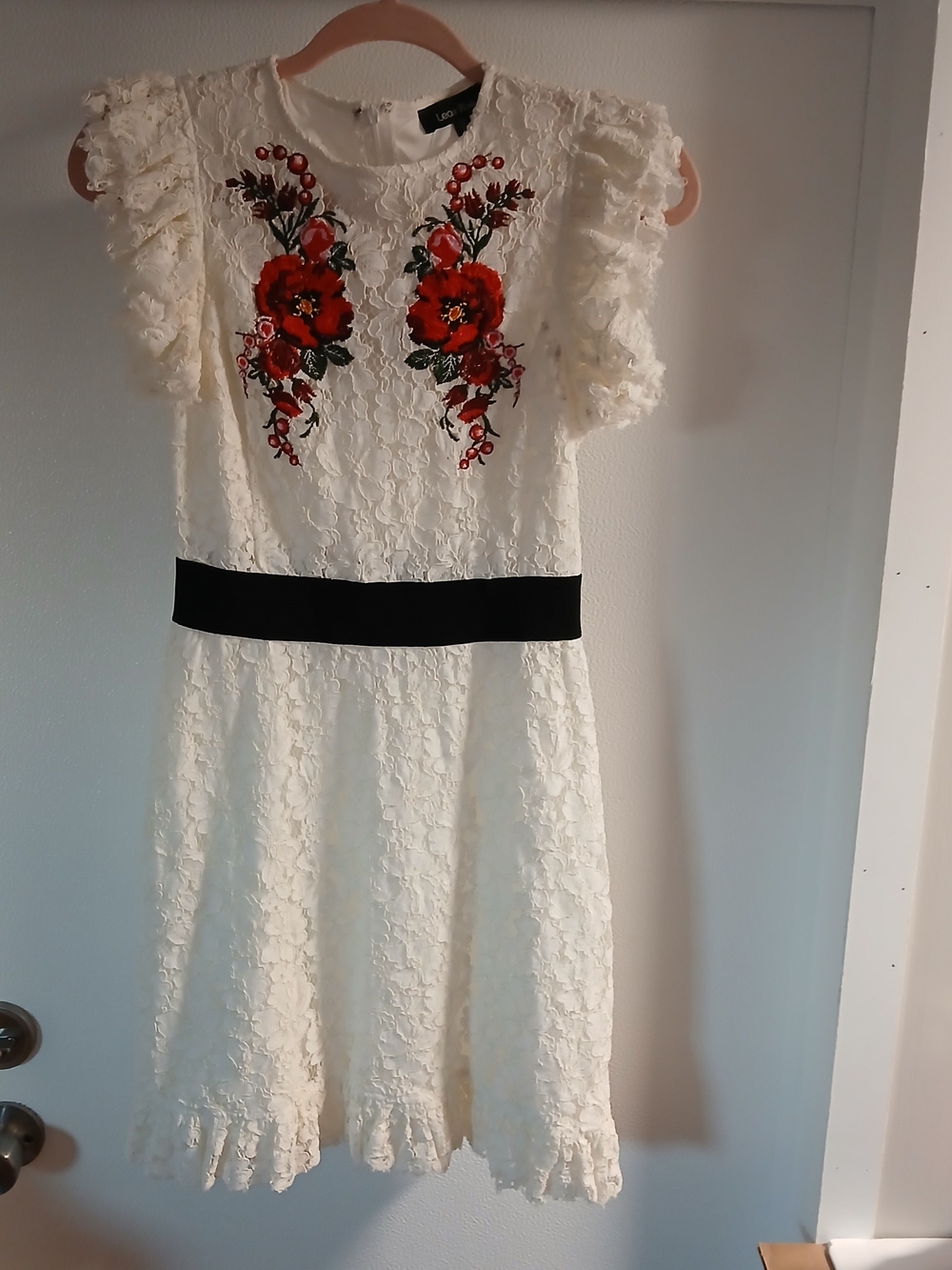 Lea & Viola Cream Lace Mini Dress with Red Floral Embroidery and Black Belt XS